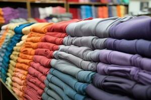 Row of fashionable polo t-shirts for man on wooden hanger or rack in a clothing boutique retail shop concept by AI Generated photo