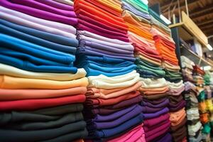 Row of fashionable polo t-shirts for man on wooden hanger or rack in a clothing boutique retail shop concept by AI Generated photo