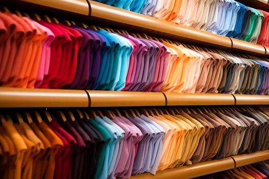 fila de de moda polo camisetas para hombre en de madera percha o estante en un ropa boutique Al por menor tienda concepto por ai generado foto