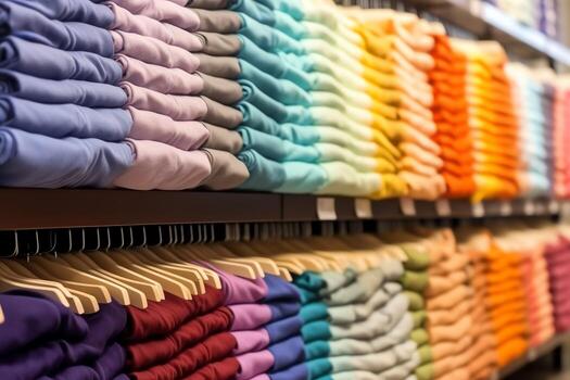 fila de de moda polo camisetas para hombre en de madera percha o estante en un ropa boutique Al por menor tienda concepto por ai generado foto