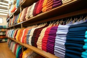 Row of fashionable polo t-shirts for man on wooden hanger or rack in a clothing boutique retail shop concept by AI Generated photo