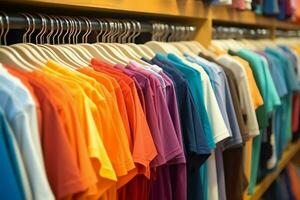 Row of fashionable polo t-shirts for man on wooden hanger or rack in a clothing boutique retail shop concept by AI Generated photo