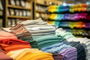 Row of fashionable polo t-shirts for man on wooden hanger or rack in a clothing boutique retail shop concept by AI Generated photo