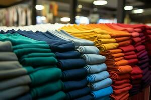 Row of fashionable polo t-shirts for man on wooden hanger or rack in a clothing boutique retail shop concept by AI Generated photo