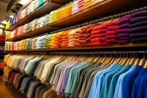 Row of fashionable polo t-shirts for man on wooden hanger or rack in a clothing boutique retail shop concept by AI Generated photo