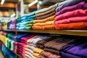 Row of fashionable polo t-shirts for man on wooden hanger or rack in a clothing boutique retail shop concept by AI Generated photo