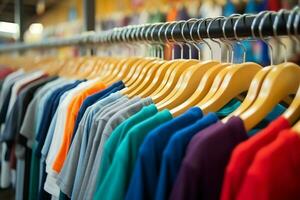 Row of fashionable polo t-shirts for man on wooden hanger or rack in a clothing boutique retail shop concept by AI Generated photo