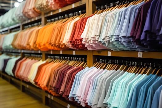 fila de de moda polo camisetas para hombre en de madera percha o estante en un ropa boutique Al por menor tienda concepto por ai generado foto