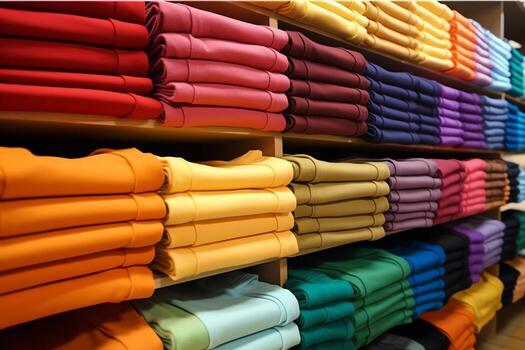 fila de de moda polo camisetas para hombre en de madera percha o estante en un ropa boutique Al por menor tienda concepto por ai generado foto