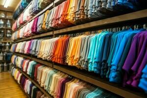 Row of fashionable polo t-shirts for man on wooden hanger or rack in a clothing boutique retail shop concept by AI Generated photo