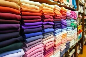 Row of fashionable polo t-shirts for man on wooden hanger or rack in a clothing boutique retail shop concept by AI Generated photo