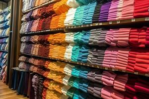 Row of fashionable polo t-shirts for man on wooden hanger or rack in a clothing boutique retail shop concept by AI Generated photo