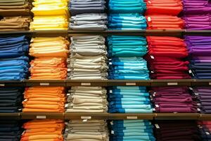 Row of fashionable polo t-shirts for man on wooden hanger or rack in a clothing boutique retail shop concept by AI Generated photo