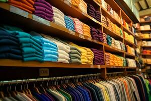 Row of fashionable polo t-shirts for man on wooden hanger or rack in a clothing boutique retail shop concept by AI Generated photo