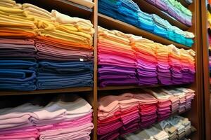 Row of fashionable polo t-shirts for man on wooden hanger or rack in a clothing boutique retail shop concept by AI Generated photo