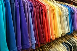 Row of fashionable polo t-shirts for man on wooden hanger or rack in a clothing boutique retail shop concept by AI Generated photo