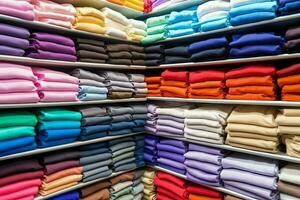 Row of fashionable polo t-shirts for man on wooden hanger or rack in a clothing boutique retail shop concept by AI Generated photo