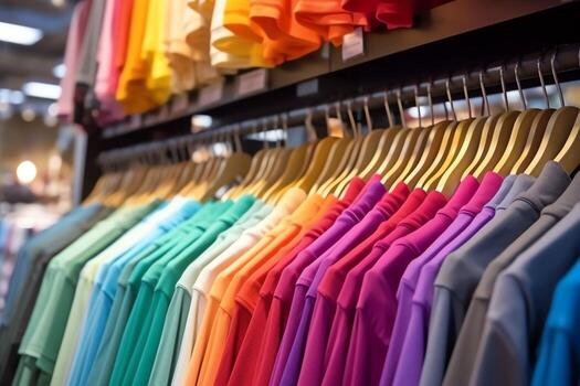 fila de de moda polo camisetas para hombre en de madera percha o estante en un ropa boutique Al por menor tienda concepto por ai generado foto