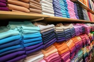 Row of fashionable polo t-shirts for man on wooden hanger or rack in a clothing boutique retail shop concept by AI Generated photo