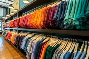 Row of fashionable polo t-shirts for man on wooden hanger or rack in a clothing boutique retail shop concept by AI Generated photo