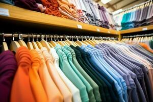 Row of fashionable polo t-shirts for man on wooden hanger or rack in a clothing boutique retail shop concept by AI Generated photo