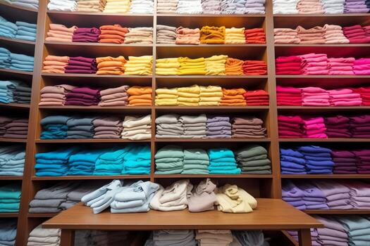fila de de moda polo camisetas para hombre en de madera percha o estante en un ropa boutique Al por menor tienda concepto por ai generado foto