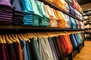 Row of fashionable polo t-shirts for man on wooden hanger or rack in a clothing boutique retail shop concept by AI Generated photo