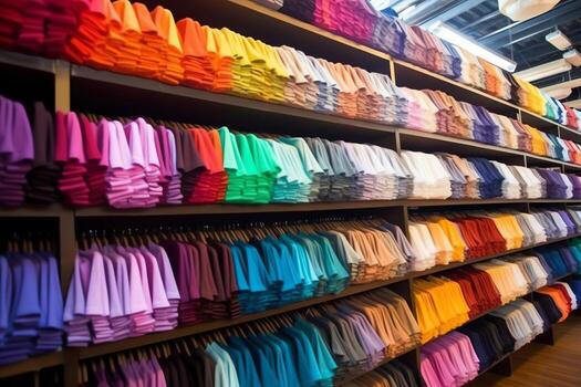 fila de de moda polo camisetas para hombre en de madera percha o estante en un ropa boutique Al por menor tienda concepto por ai generado foto