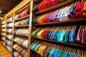 Row of fashionable polo t-shirts for man on wooden hanger or rack in a clothing boutique retail shop concept by AI Generated photo