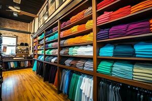 Row of fashionable polo t-shirts for man on wooden hanger or rack in a clothing boutique retail shop concept by AI Generated photo