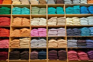 Row of fashionable polo t-shirts for man on wooden hanger or rack in a clothing boutique retail shop concept by AI Generated photo