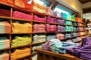 Row of fashionable polo t-shirts for man on wooden hanger or rack in a clothing boutique retail shop concept by AI Generated photo