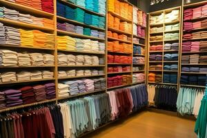 Row of fashionable polo t-shirts for man on wooden hanger or rack in a clothing boutique retail shop concept by AI Generated photo