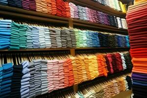 Row of fashionable polo t-shirts for man on wooden hanger or rack in a clothing boutique retail shop concept by AI Generated photo