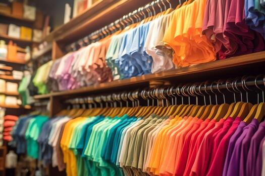 fila de de moda polo camisetas para hombre en de madera percha o estante en un ropa boutique Al por menor tienda concepto por ai generado foto