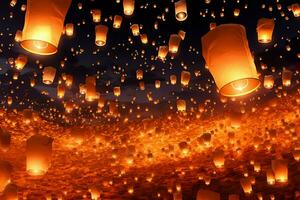 Flying lanterns in the night sky during the diwali festival india, yee peng or midautumn day in china concept by AI Generated photo