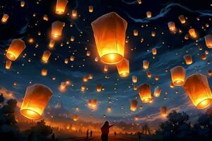 Flying lanterns in the night sky during the diwali festival india, yee peng or midautumn day in china concept by AI Generated photo