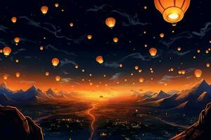 Flying lanterns in the night sky during the diwali festival india, yee peng or midautumn day in china concept by AI Generated photo