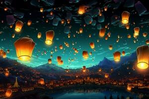 Flying lanterns in the night sky during the diwali festival india, yee peng or midautumn day in china concept by AI Generated photo