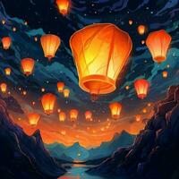 Flying lanterns in the night sky during the diwali festival india, yee peng or midautumn day in china concept by AI Generated photo