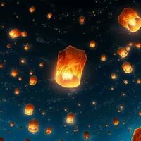 Flying lanterns in the night sky during the diwali festival india, yee peng or midautumn day in china concept by AI Generated photo