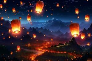 Flying lanterns in the night sky during the diwali festival india, yee peng or midautumn day in china concept by AI Generated photo