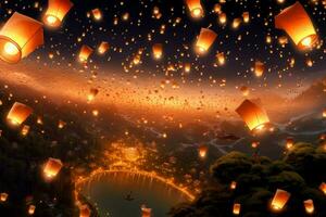 Flying lanterns in the night sky during the diwali festival india, yee peng or midautumn day in china concept by AI Generated photo