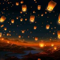 Flying lanterns in the night sky during the diwali festival india, yee peng or midautumn day in china concept by AI Generated photo