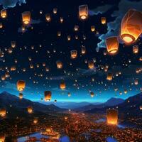 Flying lanterns in the night sky during the diwali festival india, yee peng or midautumn day in china concept by AI Generated photo