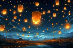 Flying lanterns in the night sky during the diwali festival india, yee peng or midautumn day in china concept by AI Generated photo