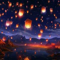 Flying lanterns in the night sky during the diwali festival india, yee peng or midautumn day in china concept by AI Generated photo