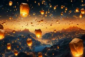 Flying lanterns in the night sky during the diwali festival india, yee peng or midautumn day in china concept by AI Generated photo