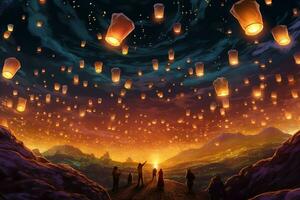 Flying lanterns in the night sky during the diwali festival india, yee peng or midautumn day in china concept by AI Generated photo