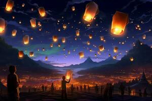 Flying lanterns in the night sky during the diwali festival india, yee peng or midautumn day in china concept by AI Generated photo